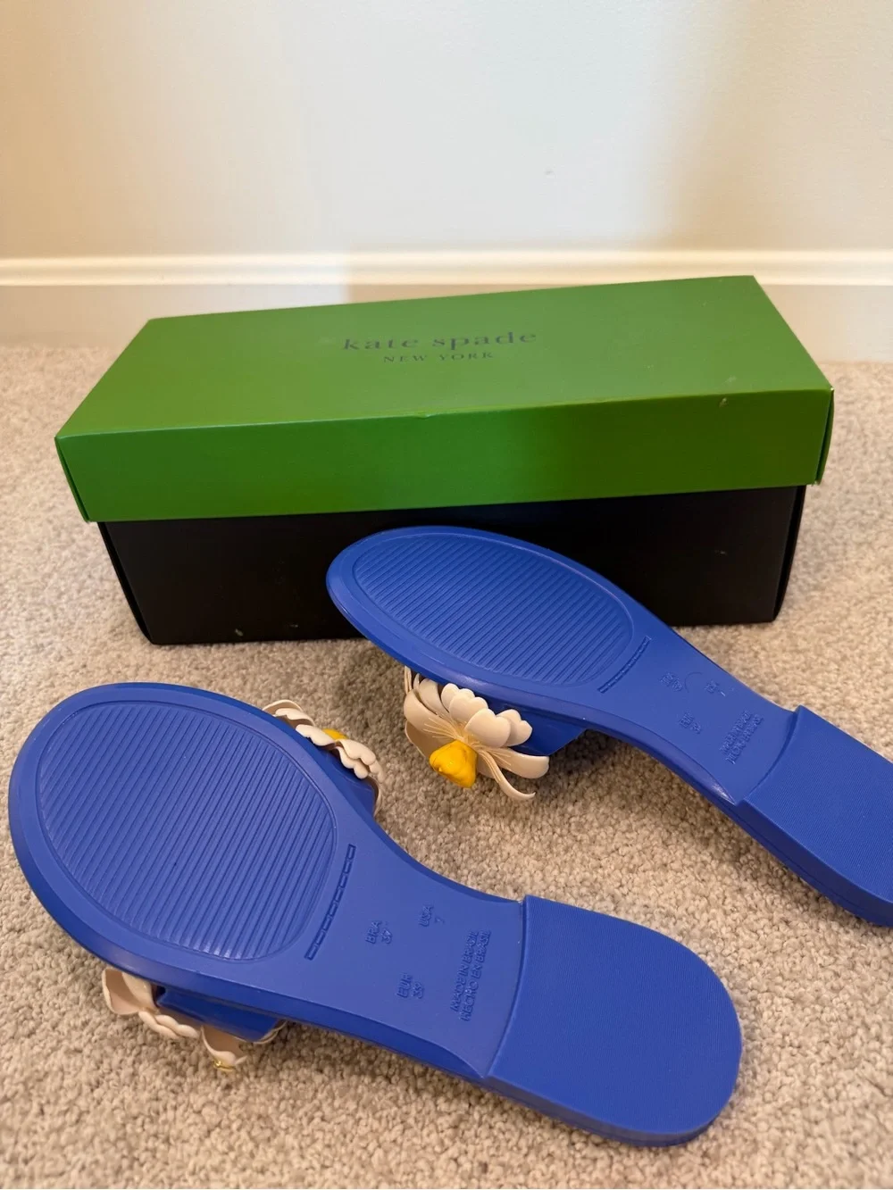 kate spade cobalt blue sandals with cream & yellow floral accents